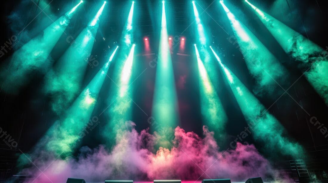 Palco com iluminação cênica verde e rosa