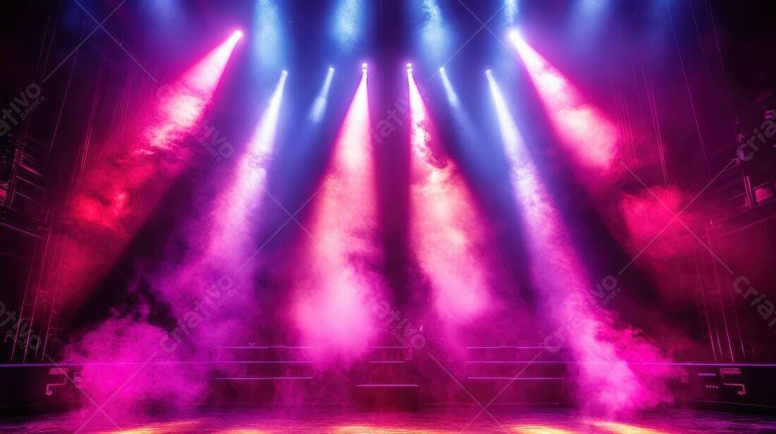 Palco iluminado com névoa rosa e azul