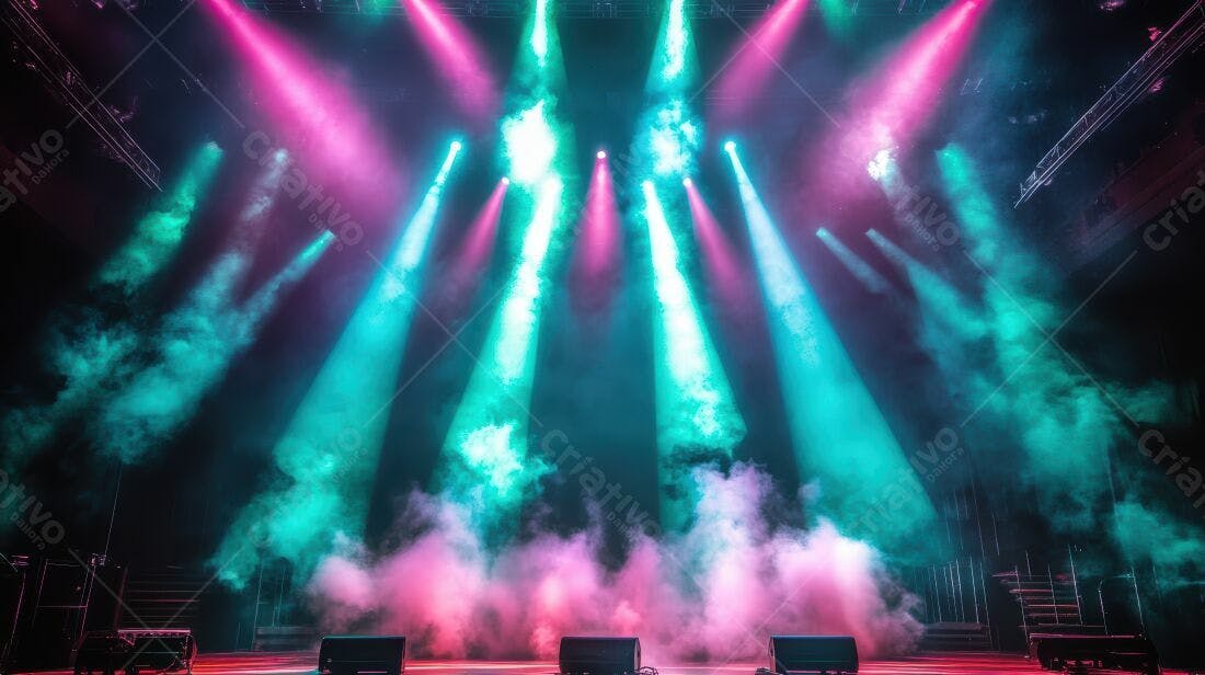 Palco iluminado com névoa rosa e azul