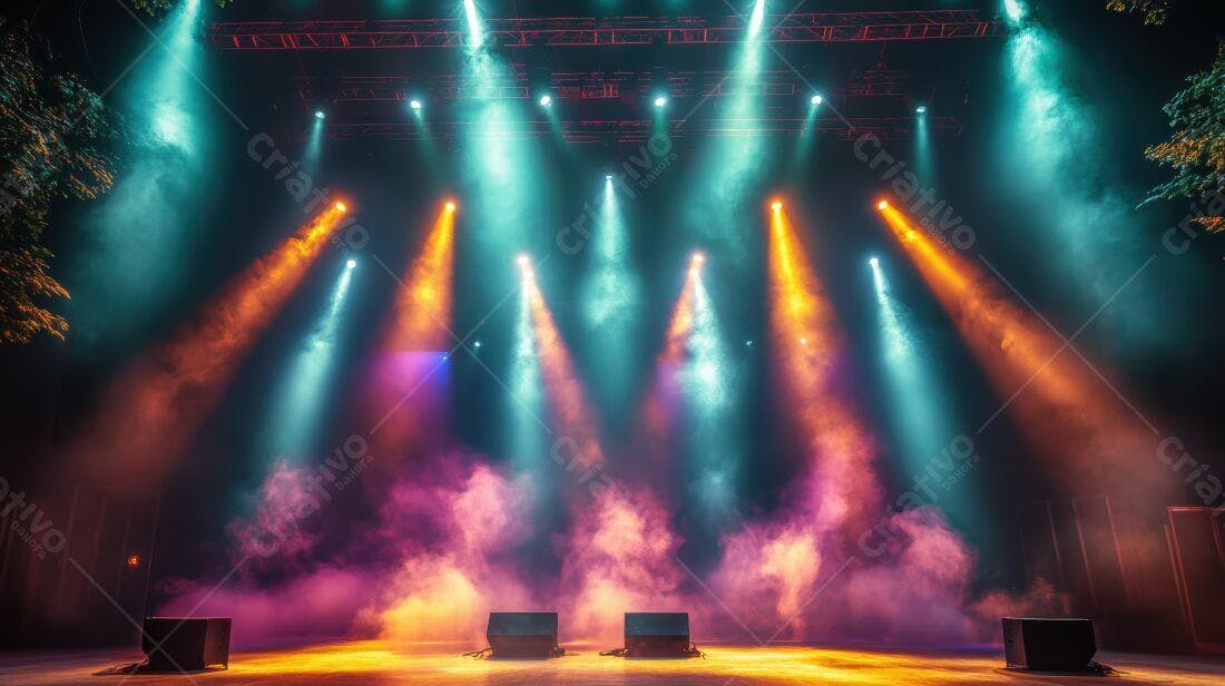 Palco iluminado com névoa colorida