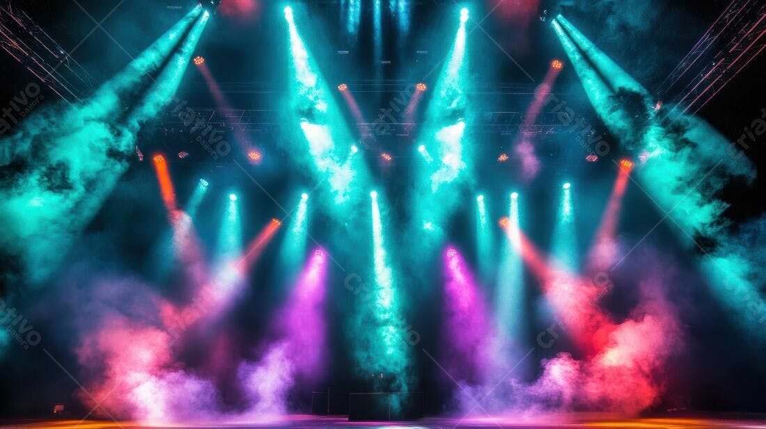 Palco iluminado com luzes coloridas e névoa