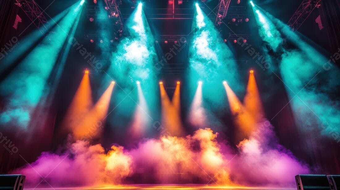 Palco com luzes coloridas e névoa