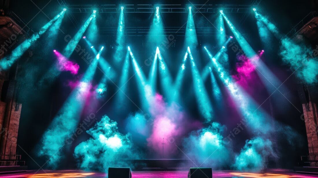 Palco iluminado com névoa azul e rosa