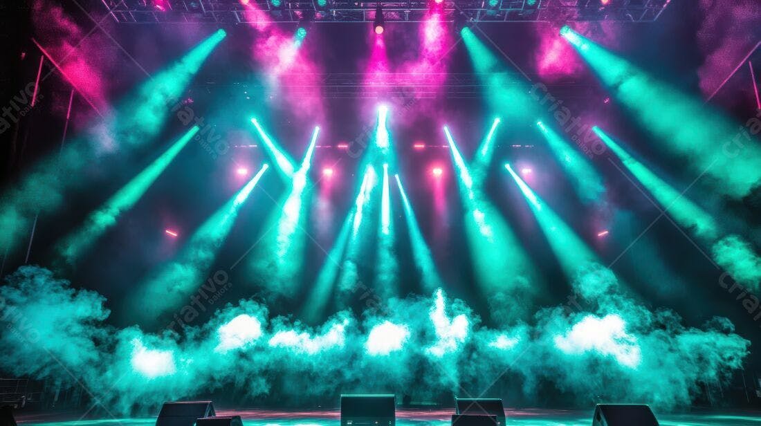 Palco iluminado com luzes rosa e ciano