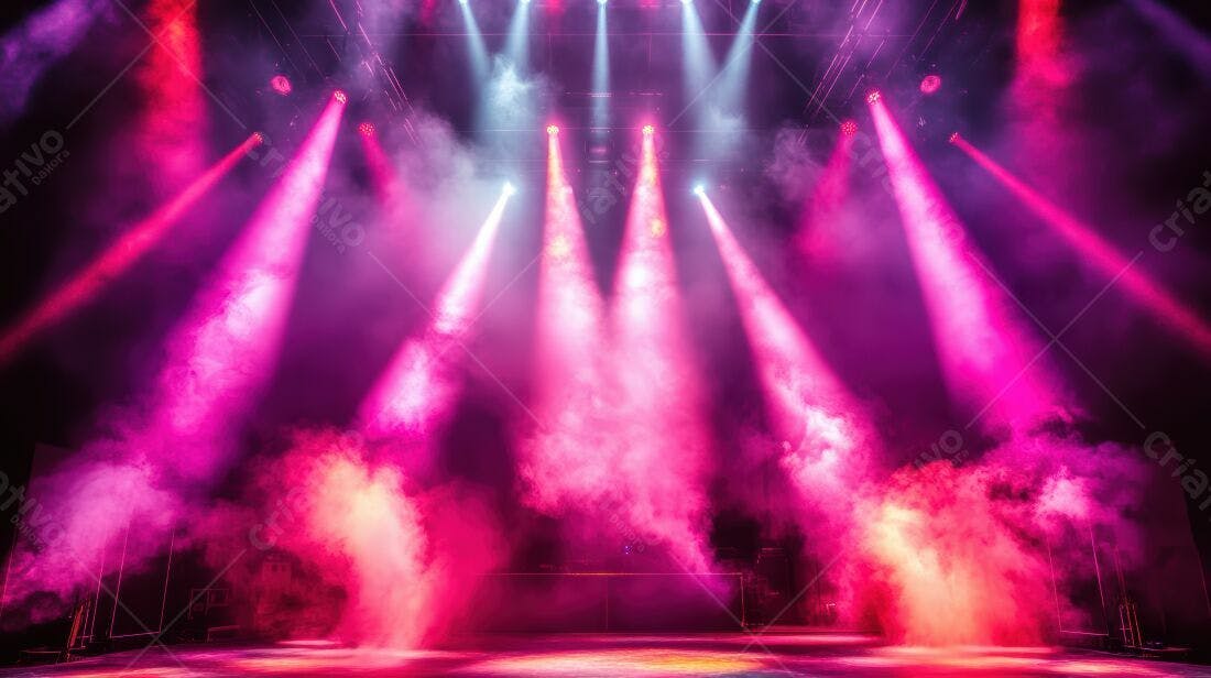 Palco iluminado com névoa rosa e luzes vibrantes