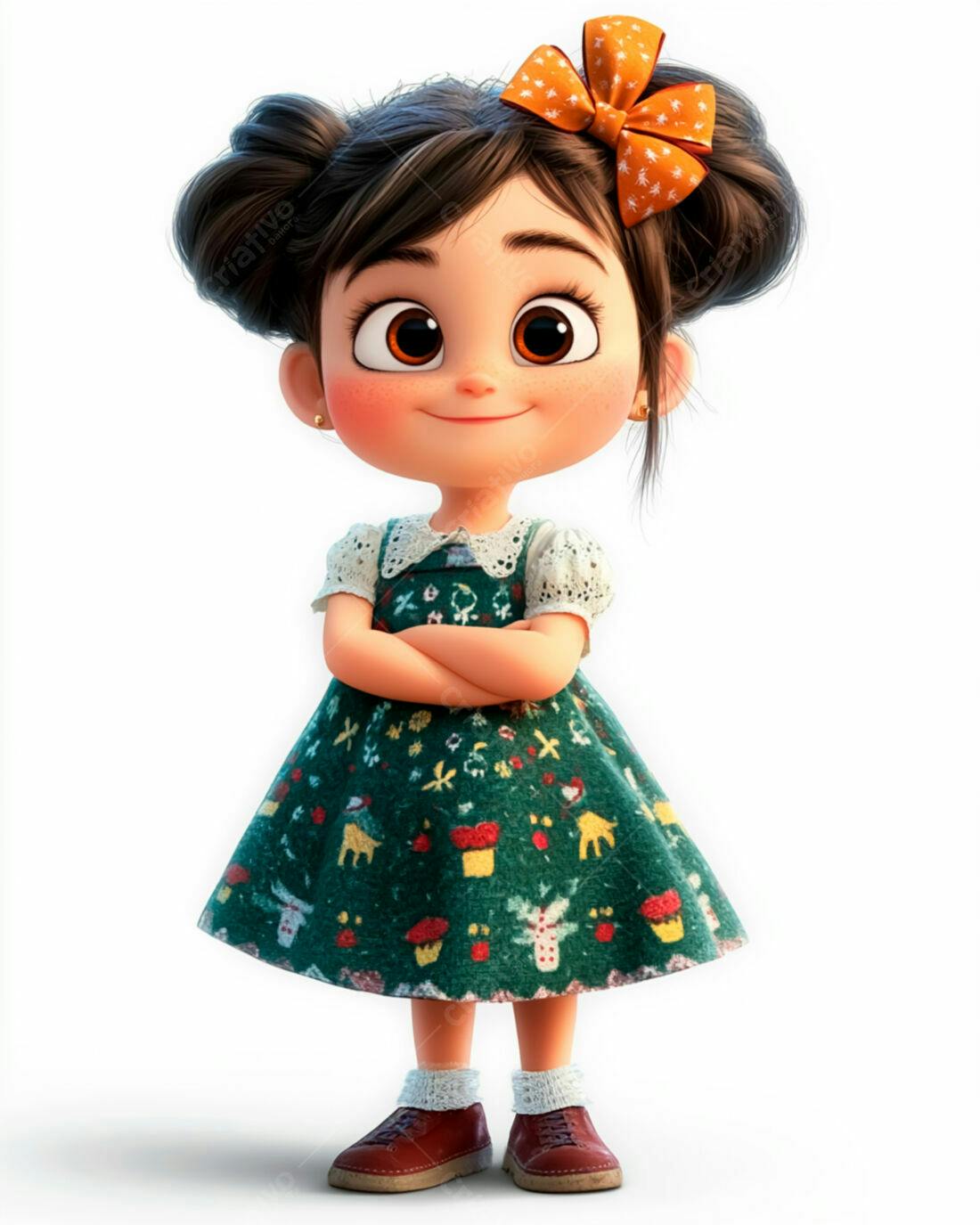 Menina fofa em vestido verde com laço laranja