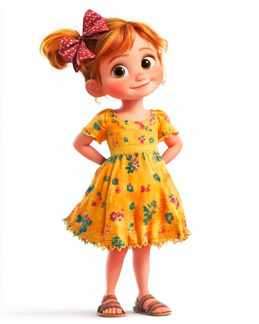 Menina fofa em vestido amarelo com laço vermelho