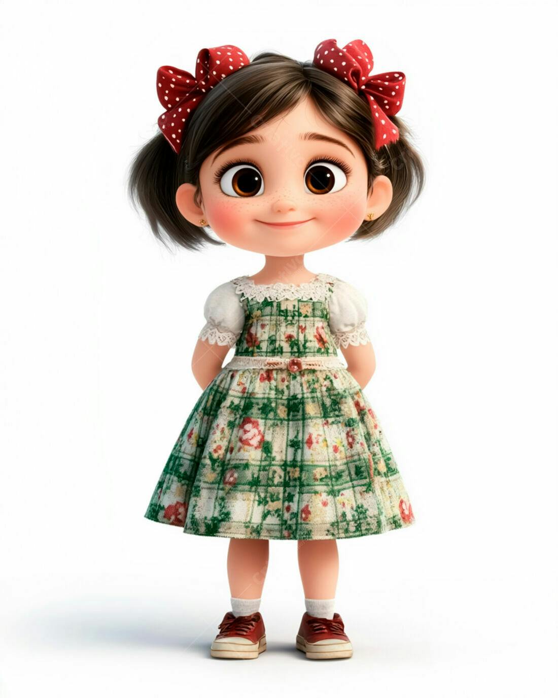 Menina fofa em vestido verde e laço vermelho