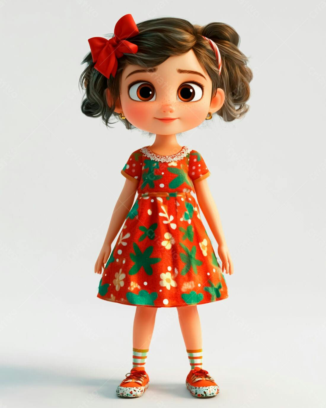 Menina fofa em vestido vermelho com flores
