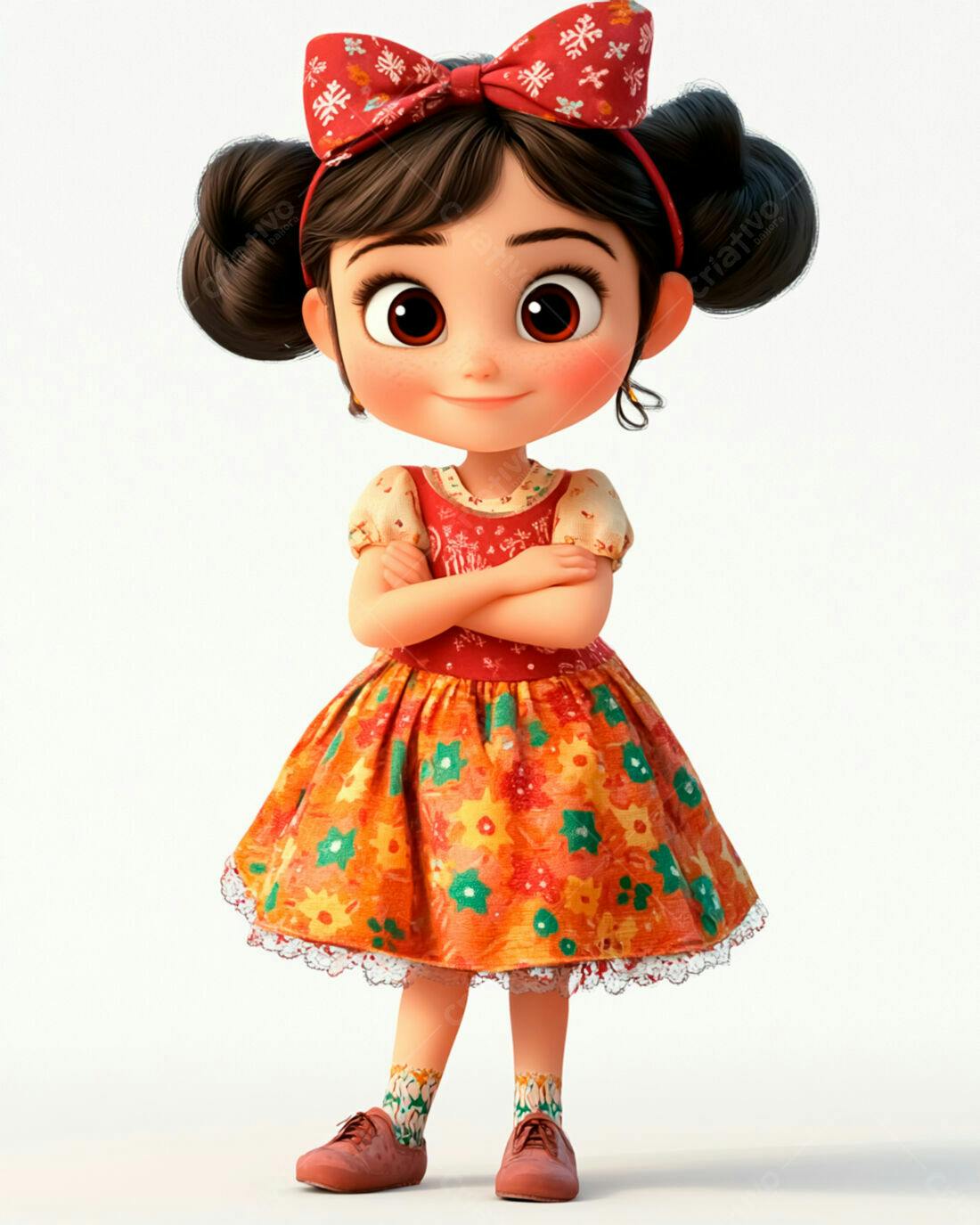 Menina fofa de vestido floral vermelho e laranja