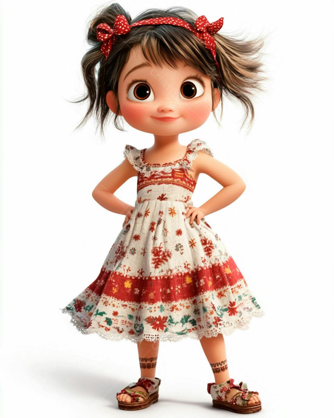 Menina fofa em vestido floral vermelho e branco
