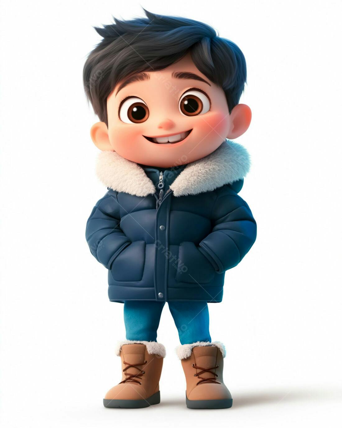 Menino feliz com casaco azul e botas marrons
