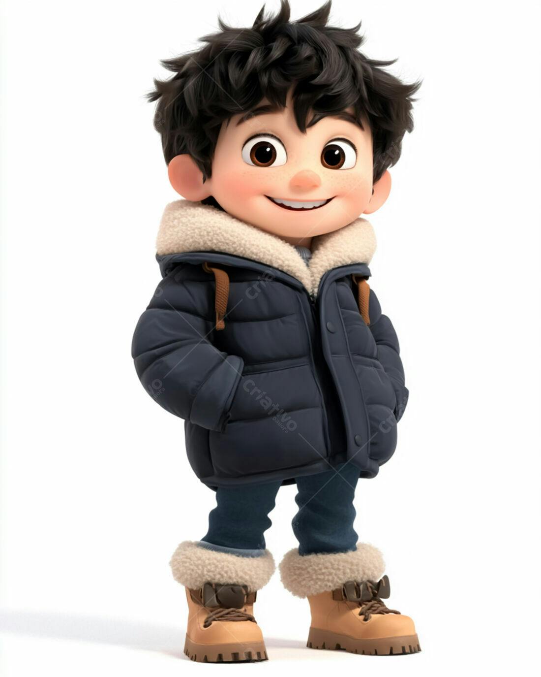 Menino sorridente com casaco azul e botas marrons