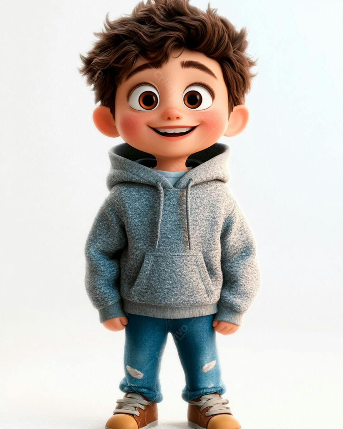 Menino sorridente com moletom cinza e jeans