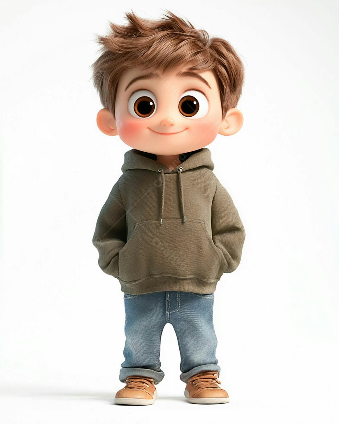 Menino fofo em moletom verde e jeans