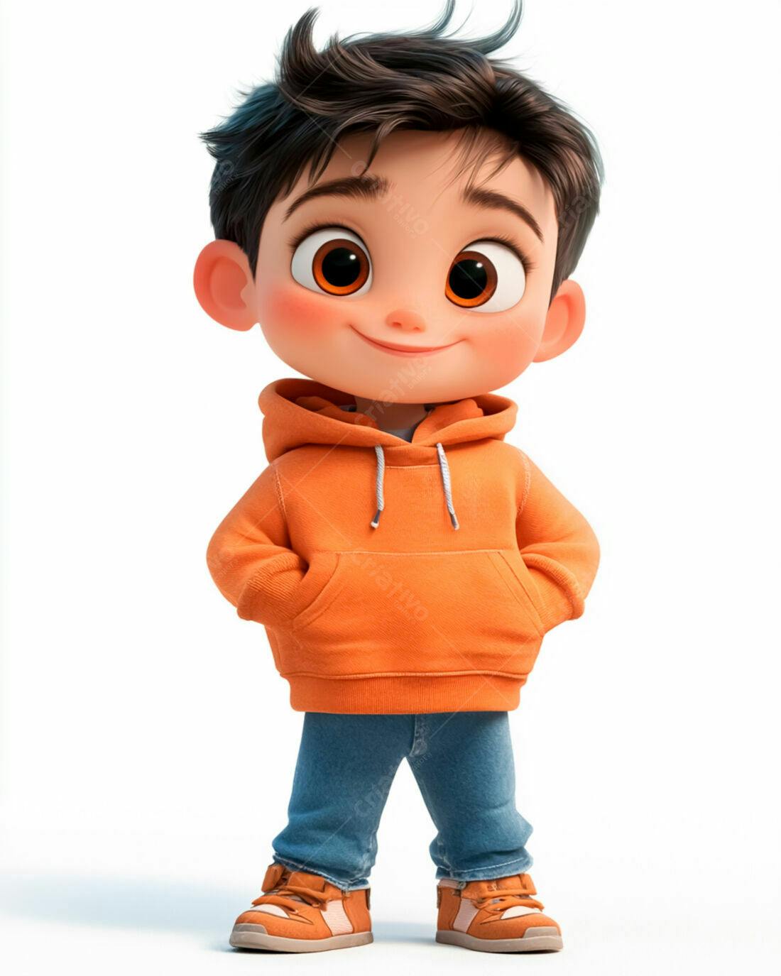 Menino fofo com moletom laranja e jeans