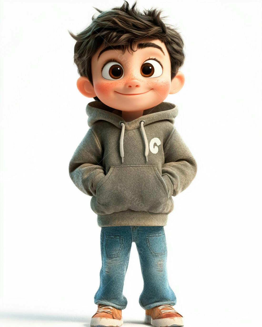 Menino sorridente com moletom cinza e jeans