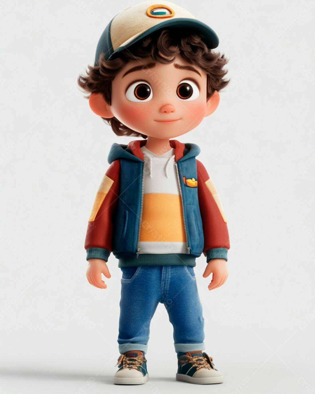Menino fofo em estilo cartoon vestindo jaqueta colorida