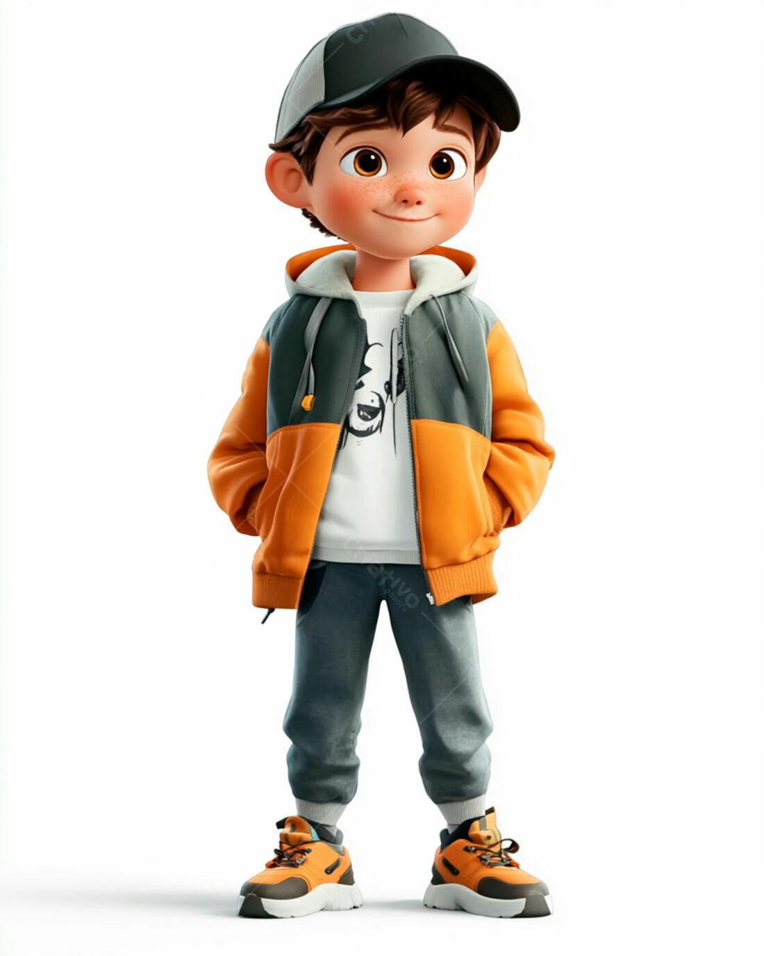 Menino animado vestindo roupas laranjas