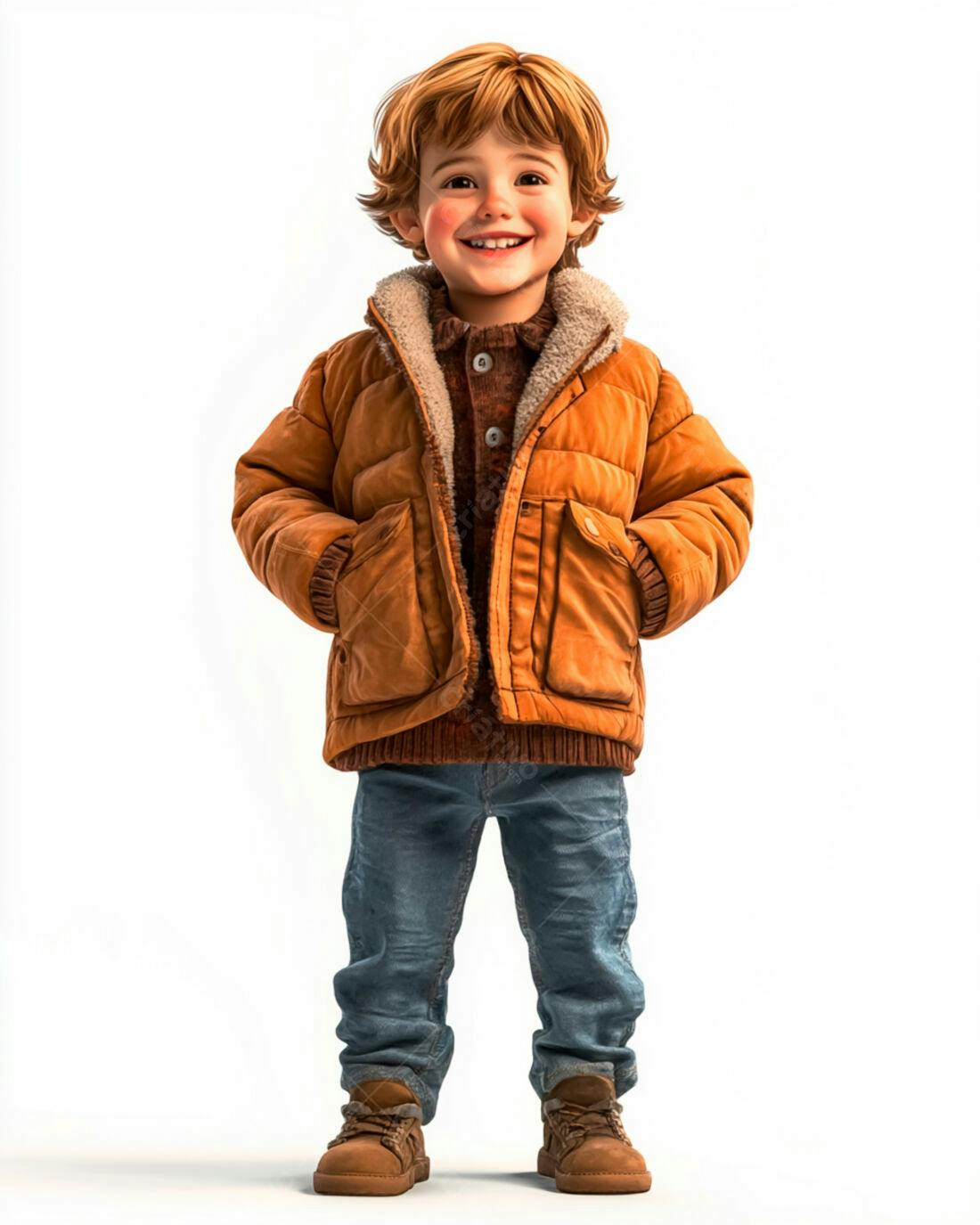 Menino sorridente com casaco marrom e jeans