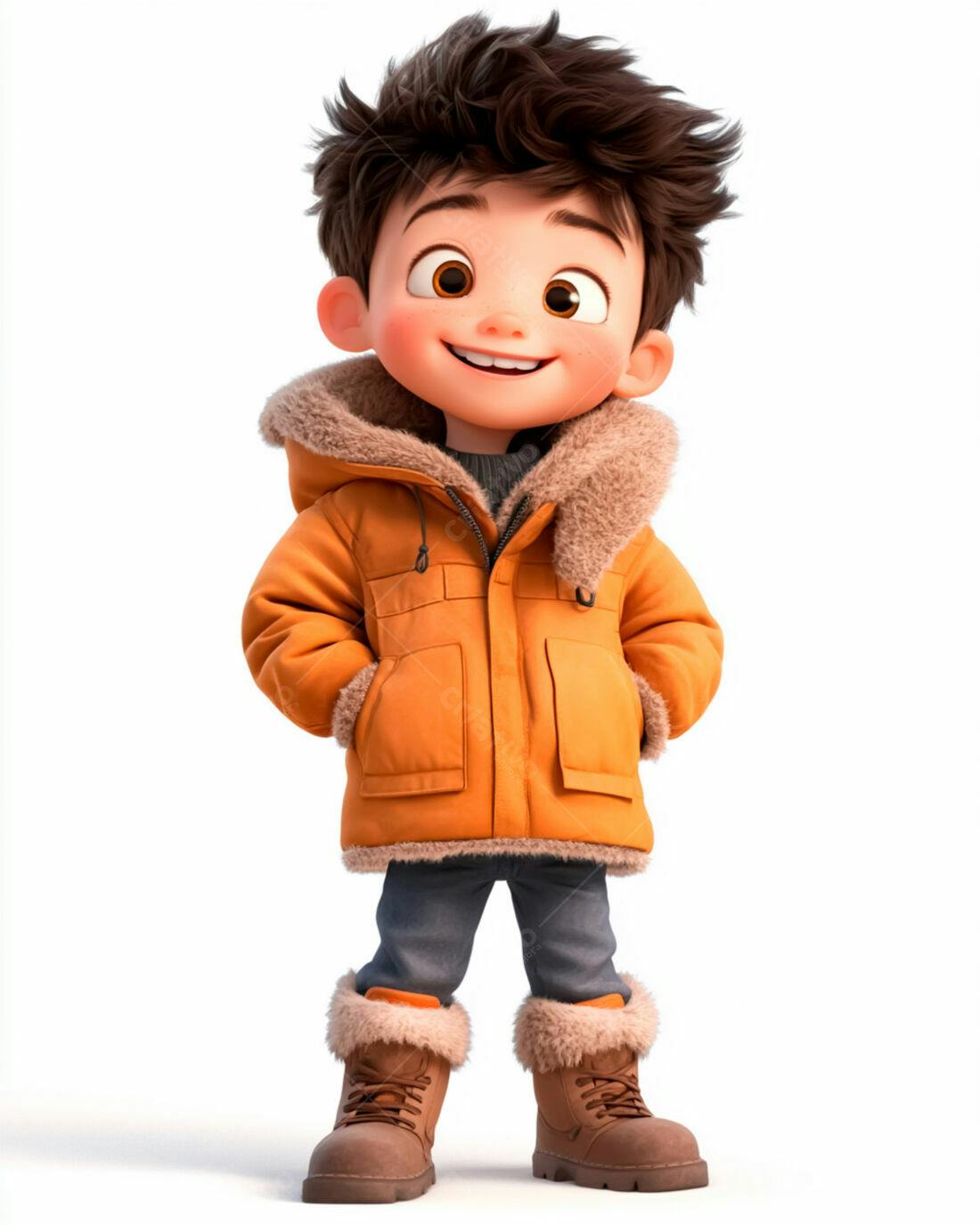 Menino sorridente com casaco laranja e botas