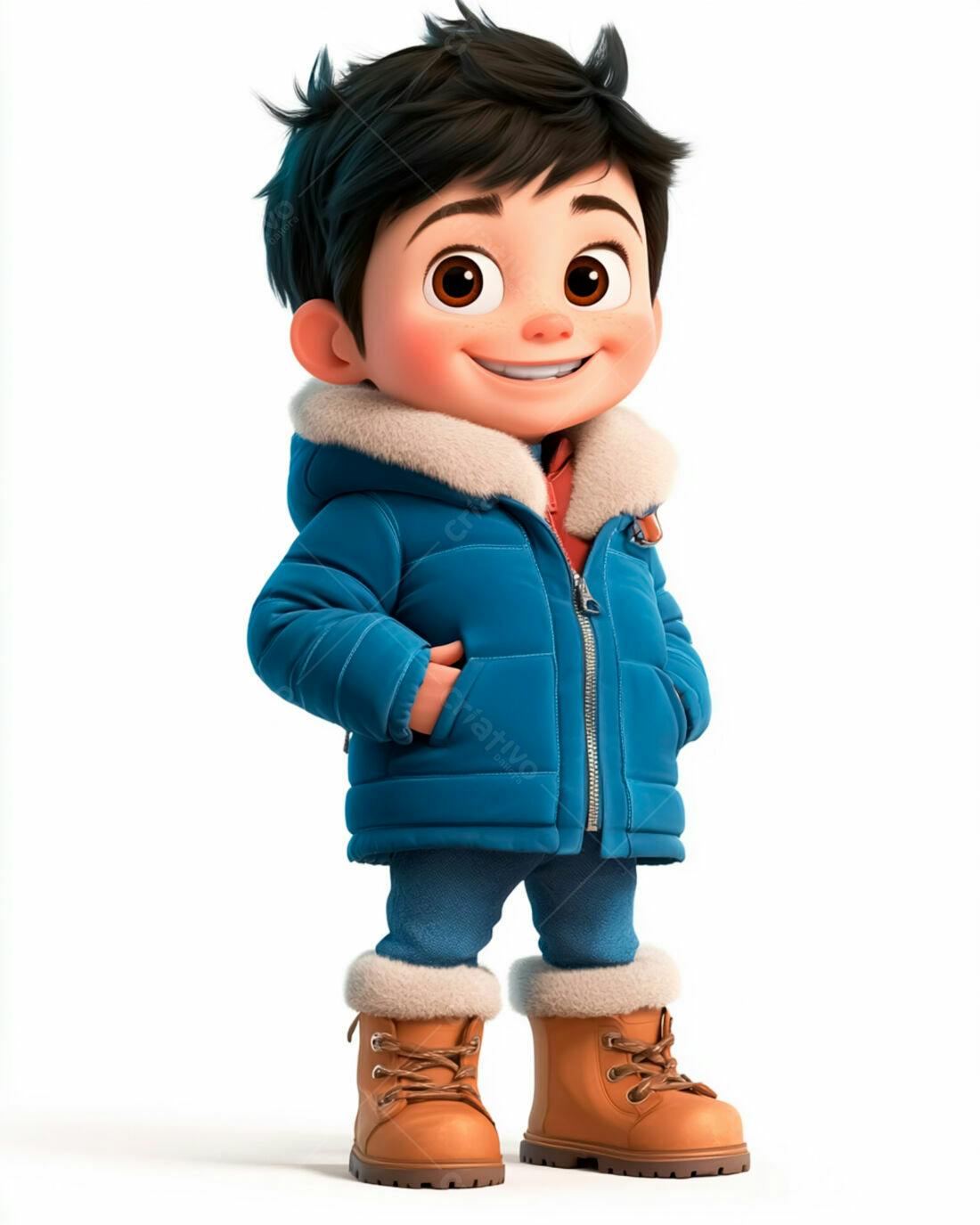 Menino alegre com casaco azul e botas marrons