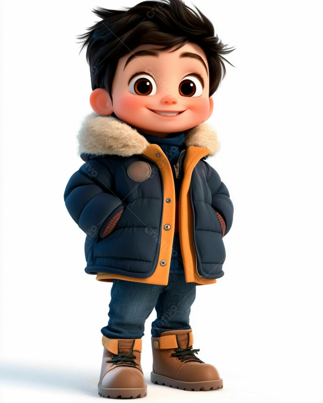 Menino fofo com casaco azul e botas marrons