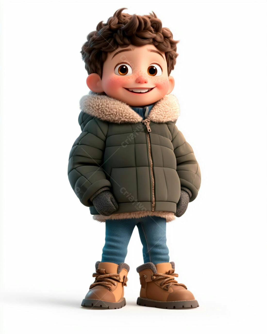 Menino feliz com casaco verde e botas marrons