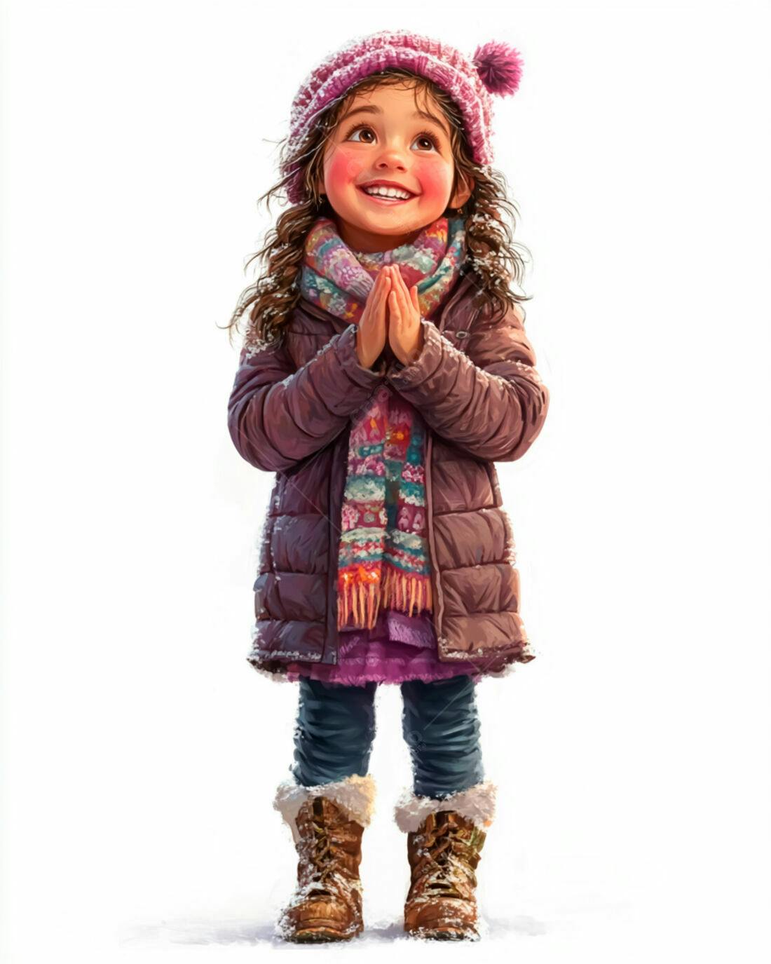 Menina feliz no inverno com roupa rosa