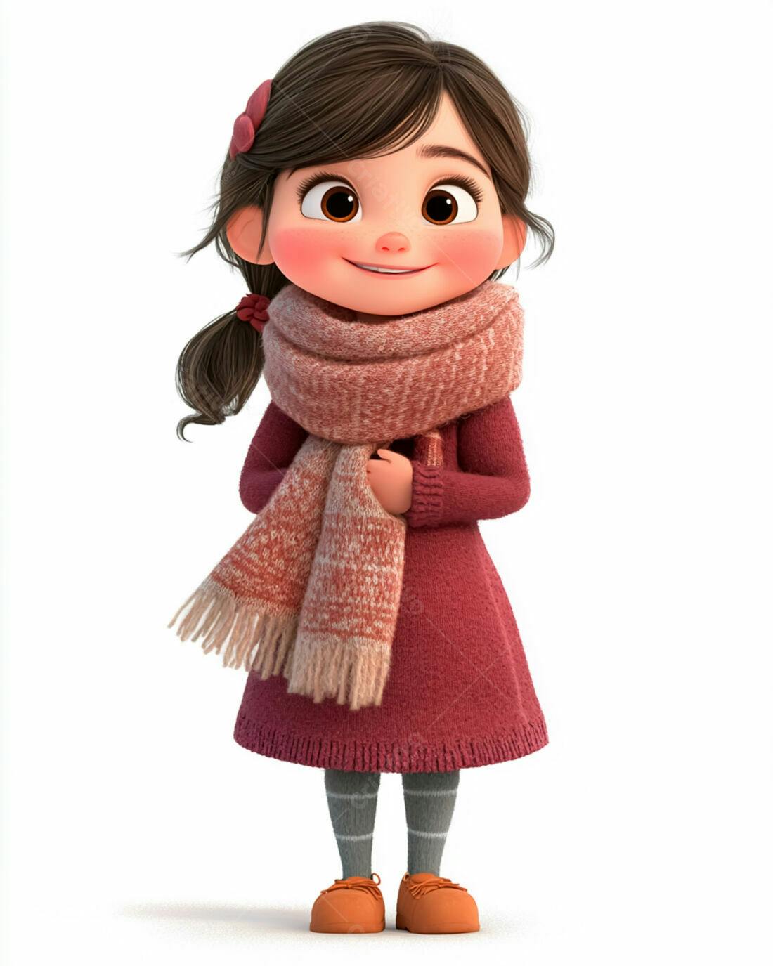 Menina fofa com cachecol rosa e vestido vermelho
