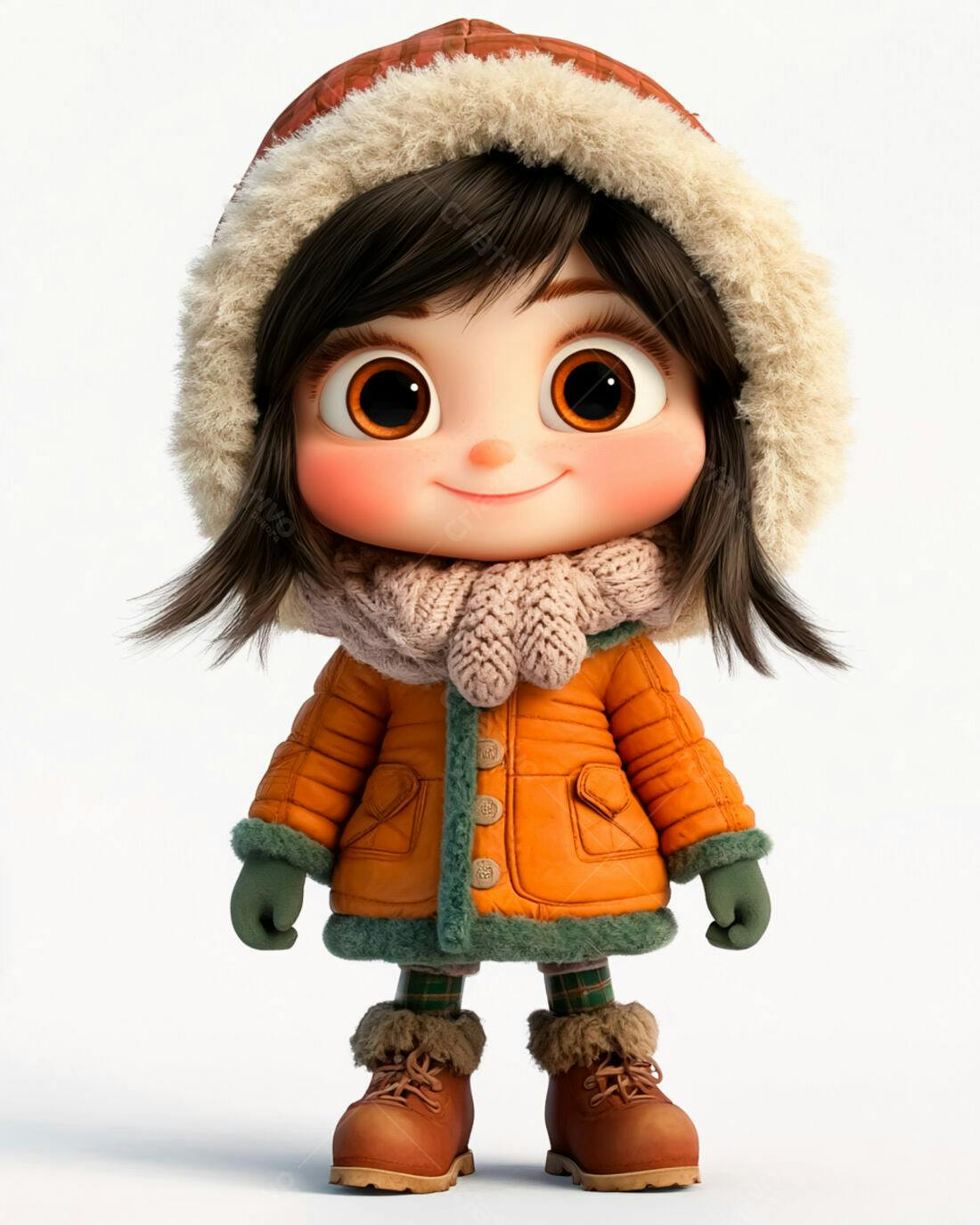 Menina fofa em roupa de inverno laranja