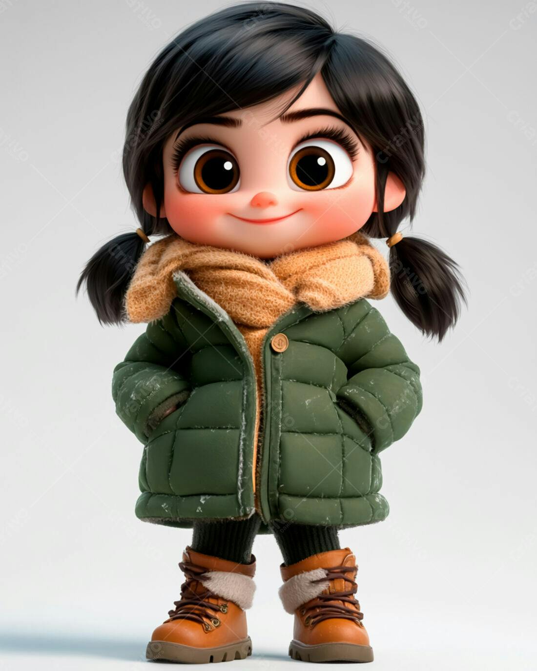 Menina fofa com casaco verde e botas marrons