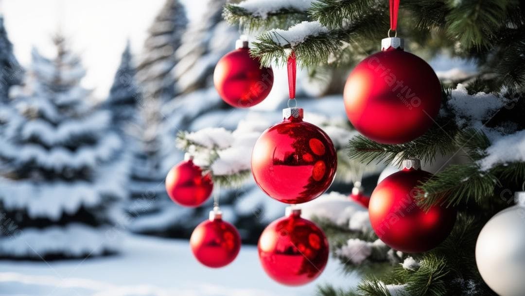 Enfeites vermelhos em árvore de Natal nevada