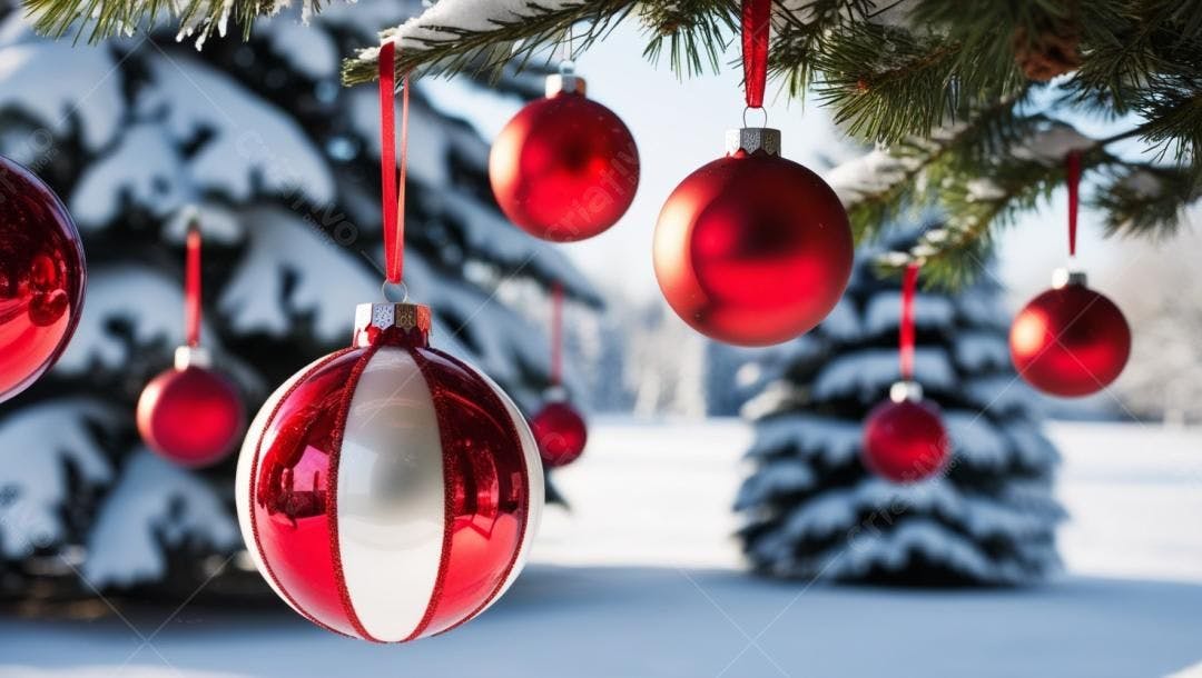 Enfeites vermelhos e brancos em árvore de Natal nevada