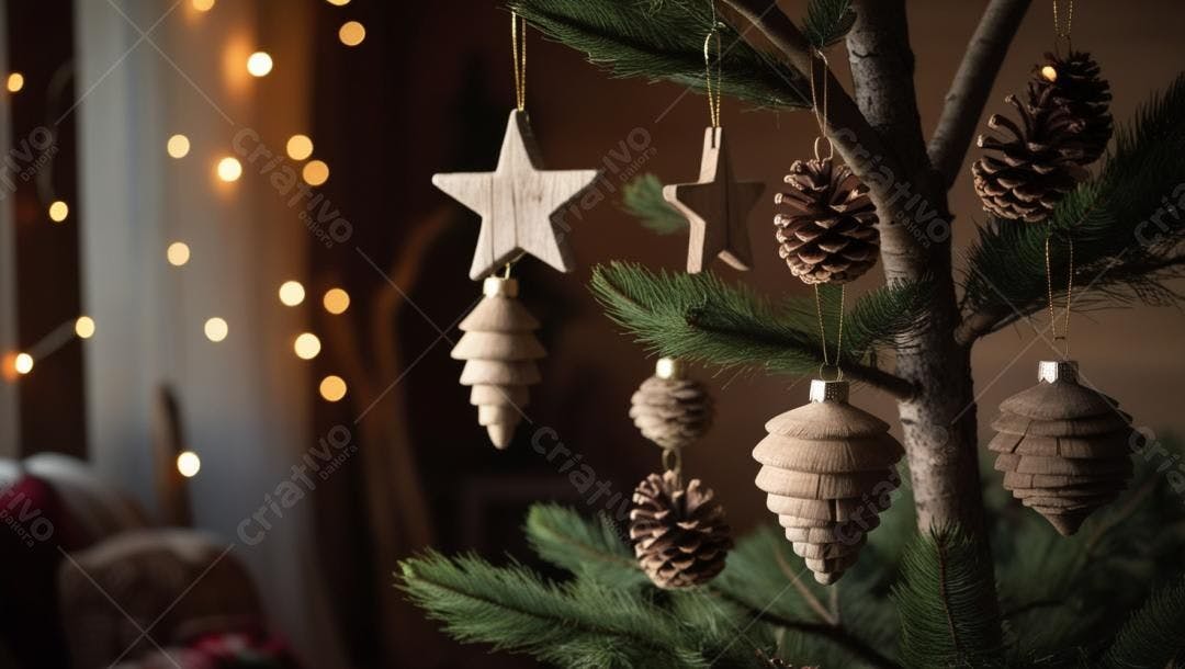 Enfeites de pinhas e madeira em árvore de Natal