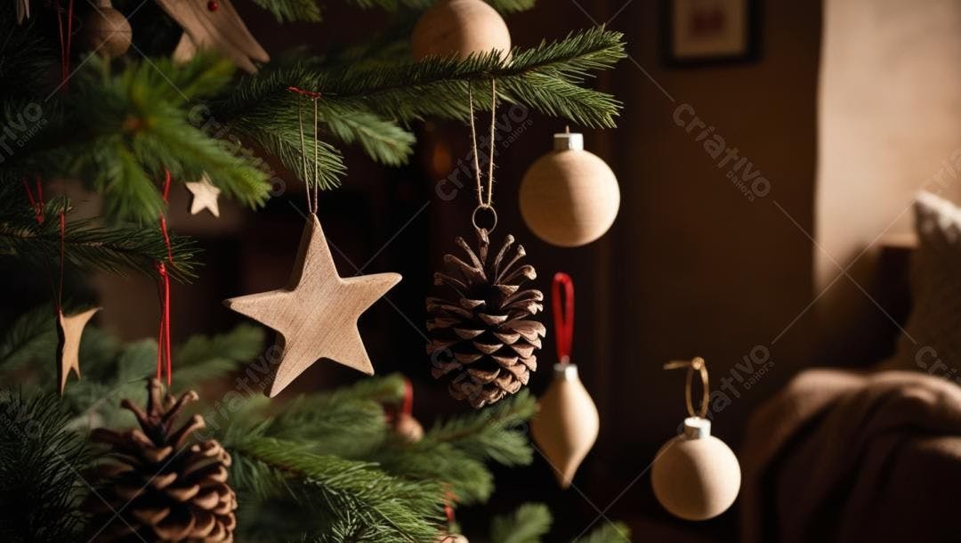 Enfeites de Natal rústicos em árvore de pinheiro