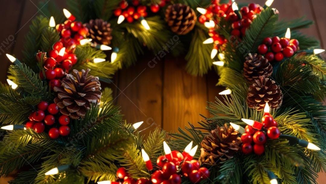 Coroa de Natal com Pinhas e Luzes