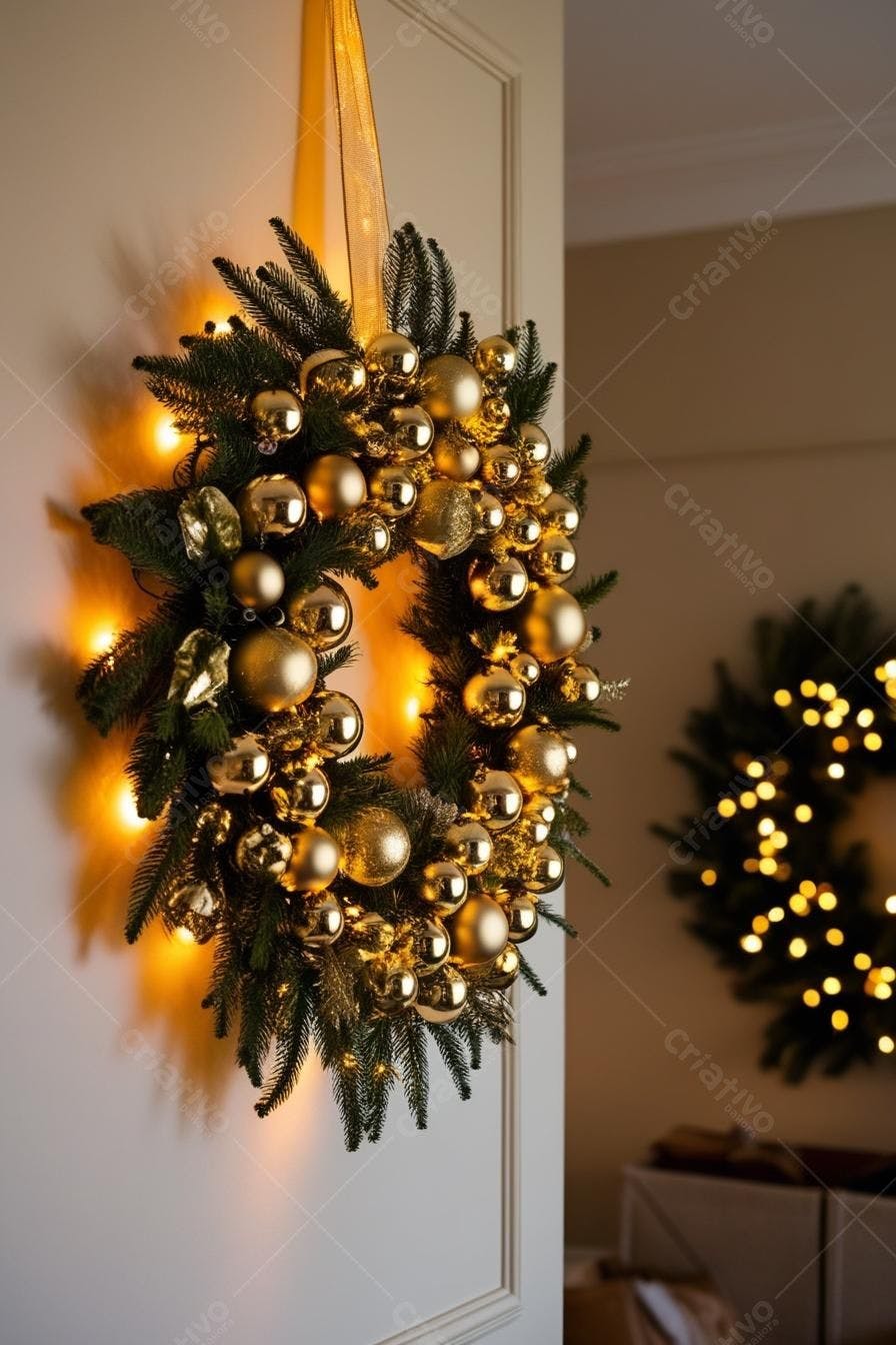 Coroa de Natal dourada com luzes