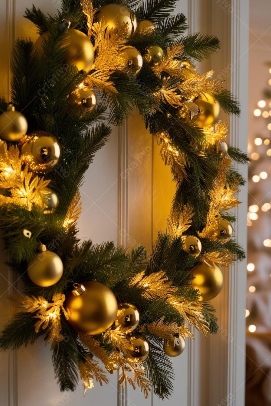 Coroa de Natal dourada com luzes