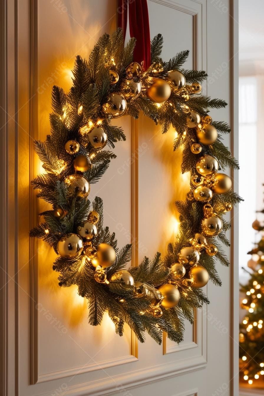 Coroa de Natal dourada com luzes