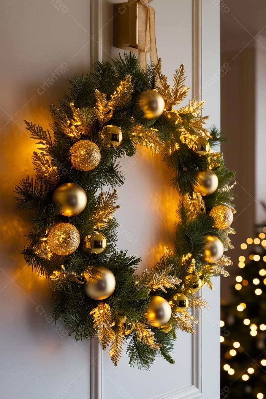 Coroa de Natal dourada com luzes