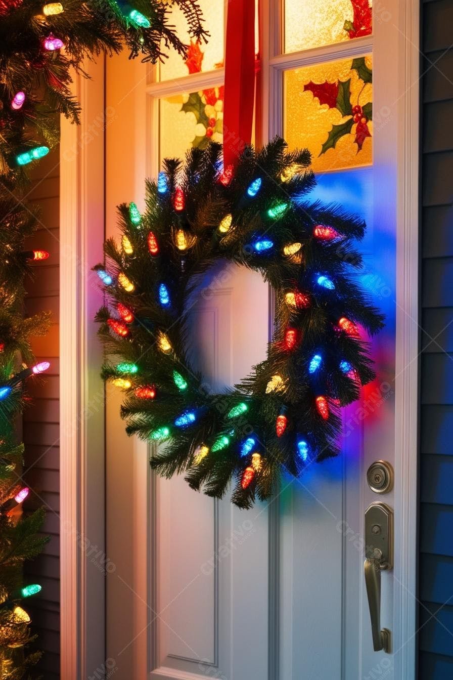 Coroa de Natal colorida na porta