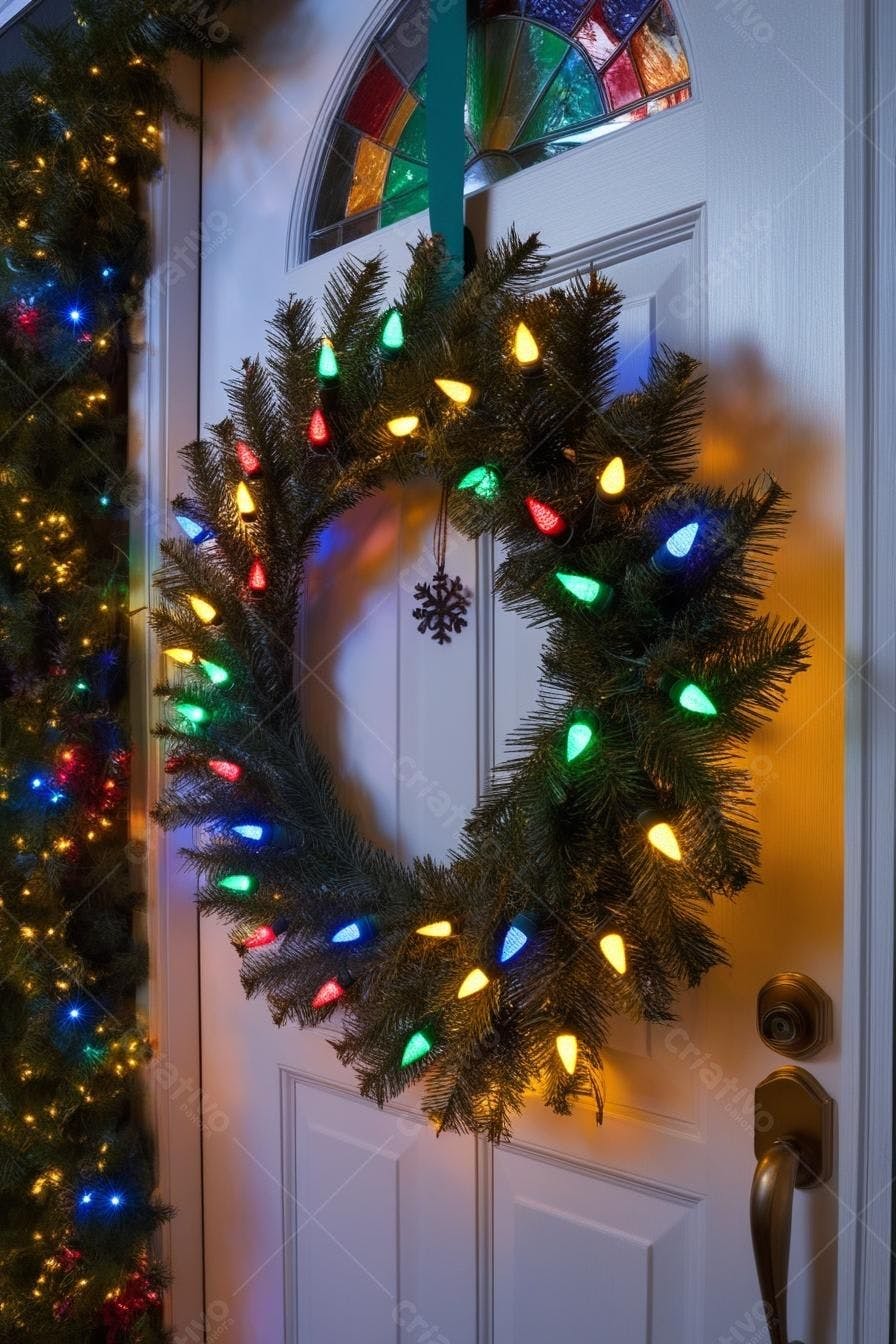 Coroa de Natal com Luzes Coloridas na Porta