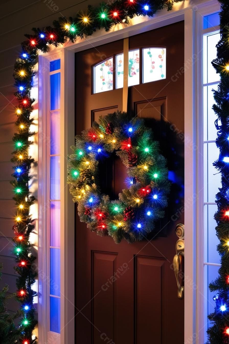 Coroa de Natal iluminada na porta