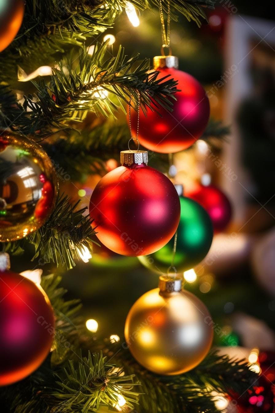 Enfeites vermelhos e dourados em árvore de Natal