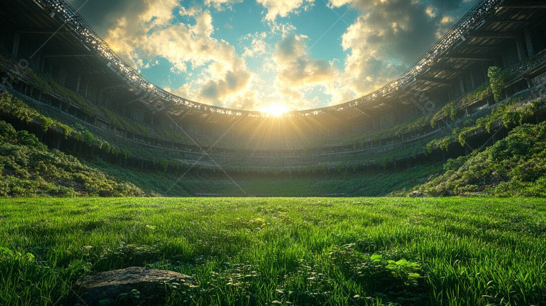 Estádio abandonado coberto por vegetação ao pôr do sol