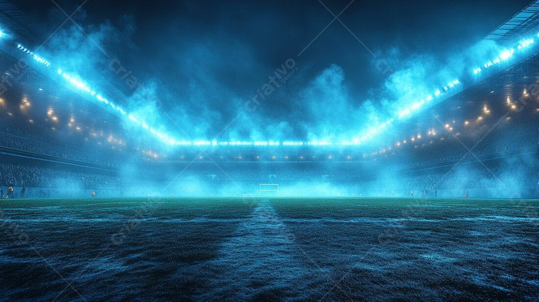 Estádio de futebol noturno com fumaça azul