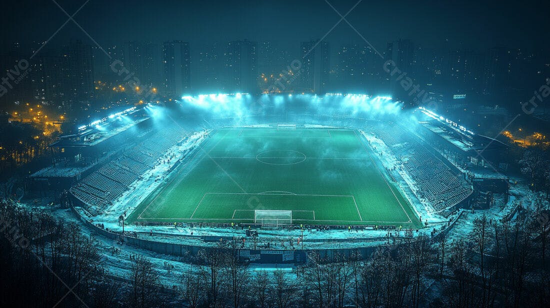 Estádio de futebol nevado à noite