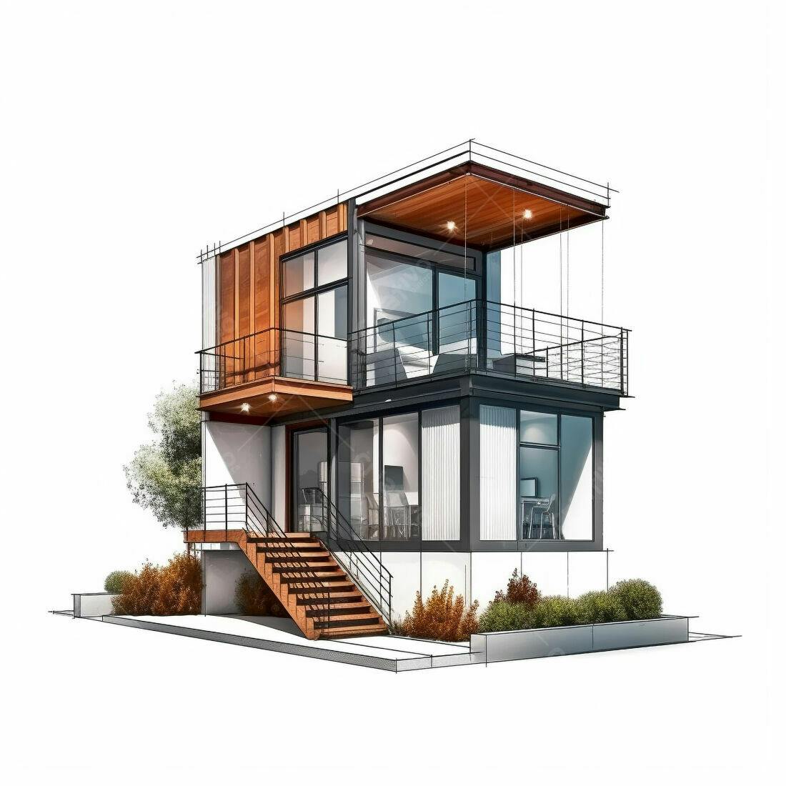 Casa moderna de madeira e vidro com varanda