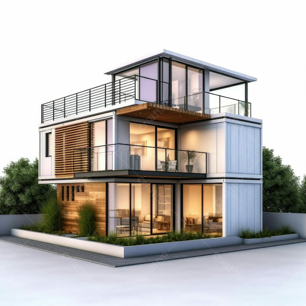 Casa de conceito de pequeno recipiente de estilo moderno isolada em fundo branco